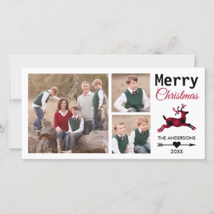 Kerstmis 3 Familie Foto Red Plaid Rendier Feestdagenkaart