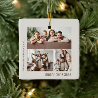 Kerstmis 3 Familie Foto's Collage Beige Keramisch Ornament
