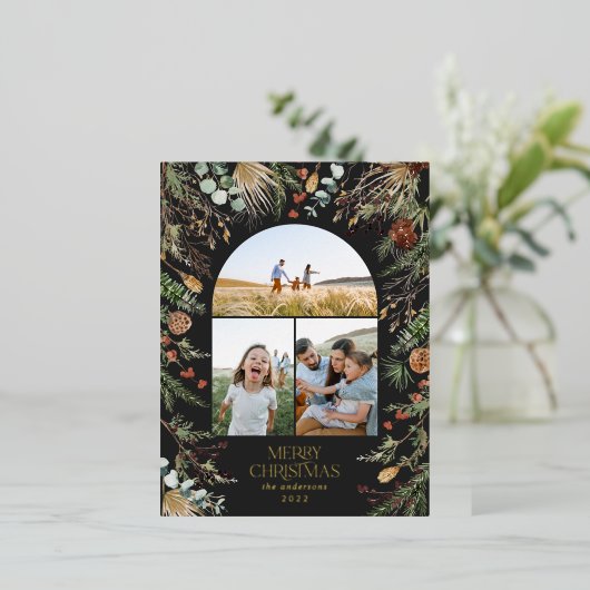 Kerstmis 3 foto botanische flora folie feestdagen briefkaart (Staand Voorkant)
