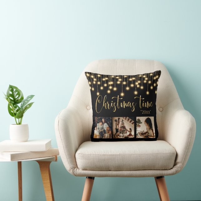 Kerstmis 3 Foto collage Rustic String Lights Kussen (Stoel)