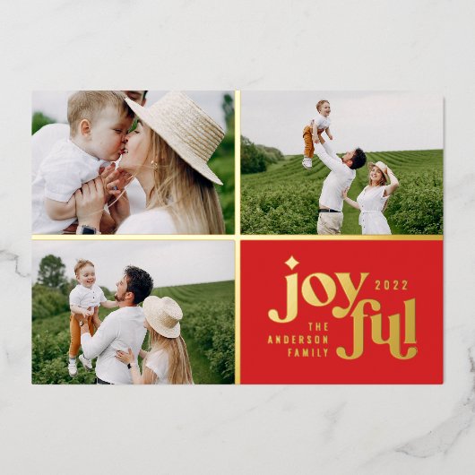 Kerstmis 3 foto moderne rode folie folie feestdagenkaart (Voorkant)