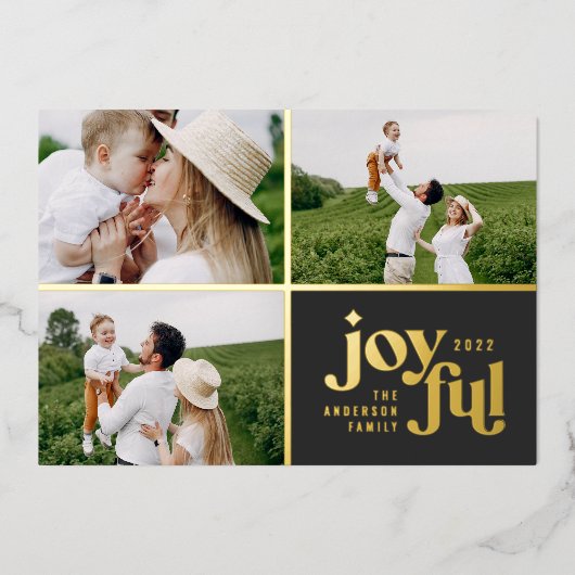 Kerstmis 3 foto moderne zwarte folie folie feestdagenkaart (Voorkant)