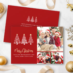 Kerstmis 3 Foto Whimsical Bomen Script Rood Feestdagenkaart