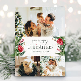 Kerstmis 3 foto Winter Botanische groen Feestdagenkaart