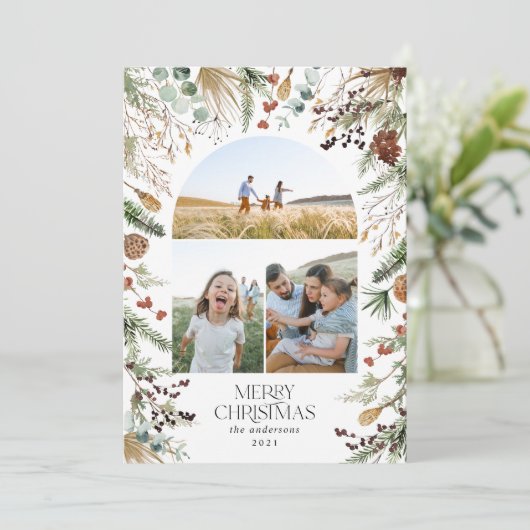 Kerstmis 3 waterverf botanische flora feestdagenkaart (Staand voorkant)