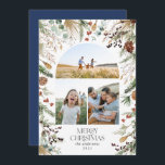 Kerstmis 3 waterverf botanische flora feestdagenkaart<br><div class="desc">Mery Christmas modern elegant waterverf gedroogde botanische bloemen gedempte kleuren vakantieboog 3 foto kerstkaart. Marineblauwe ruggegraat.</div>
