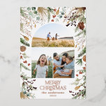 Kerstmis 3 waterverf botanische flora folie feestdagenkaart<br><div class="desc">witte floral on trend donkerelegant kerstmis waterverf gedroogde botanische gedempte kleuren vakantiegolf 3 foto kerstkaart design met echte folie</div>