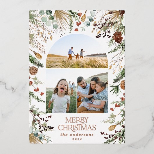 Kerstmis 3 waterverf botanische flora folie feestdagenkaart (Voorkant)