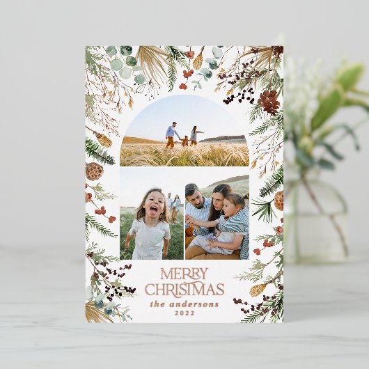 Kerstmis 3 waterverf botanische flora folie feestdagenkaart (Staand Voorkant)