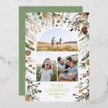 Kerstmis 3 waterverf botanische flora folie feestdagenkaart<br><div class="desc">witte floral on trend donkerelegant kerstmis waterverf gedroogde botanische gedempte kleuren vakantiegolf 3 foto kerstkaart design met echte folie</div>