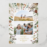 Kerstmis 3 waterverf botanische flora folie feestdagenkaart<br><div class="desc">witte floral on trend donkerelegant kerstmis waterverf gedroogde botanische gedempte kleuren vakantiegolf 3 foto kerstkaart design met echte folie</div>