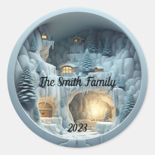Kerstmis 3D Ice Sneeuw Open haard Ronde Sticker