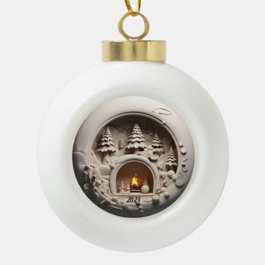 Kerstmis 3D open haard bomen Keramische Bal Ornament (Voorkant)