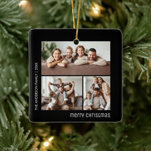 Kerstmis 4 Familiefoto's Collage Zwart-wit Keramisch Ornament (Boom)