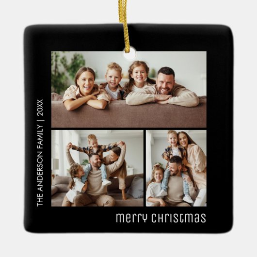 Kerstmis 4 Familiefoto's Collage Zwart-wit Keramisch Ornament (Voorkant)