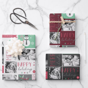 Kerstmis 4 Foto-moderne feestdriekleur Inpakpapier Vel