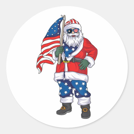 Kerstmis 4 juli San Patriotic Santa American Ronde Sticker (Voorkant)