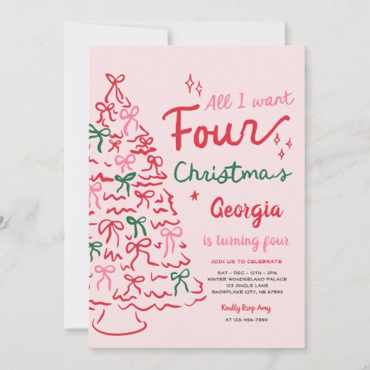 Kerstmis 4e Coquette Strik Kerstboom Verjaardag Kaart (Voorkant)