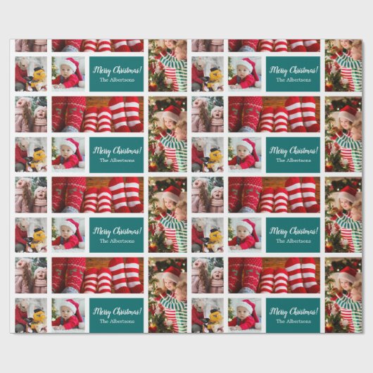 Kerstmis 5 Foto collage met familienaam Blue Cadeaupapier (Vlak)