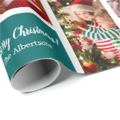 Kerstmis 5 Foto collage met familienaam Blue Cadeaupapier (Rol Hoek)