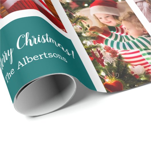 Kerstmis 5 Foto collage met familienaam Blue Cadeaupapier (Rol Hoek)
