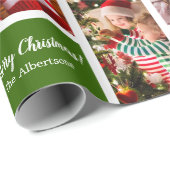 Kerstmis 5 Foto collage met familienaam, groen Cadeaupapier (Rol Hoek)
