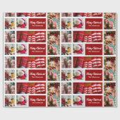 Kerstmis 5 Foto collage met familienaam, rood Cadeaupapier (Vlak)