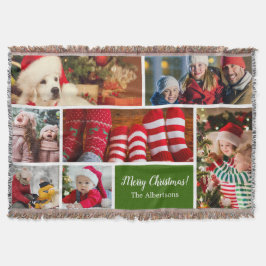 Kerstmis 7 Foto collage met familienaam, groen Deken