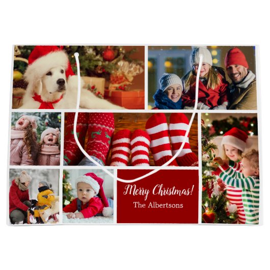 Kerstmis 7 Foto collage met familienaam, rood Groot Cadeauzakje (Voorkant)