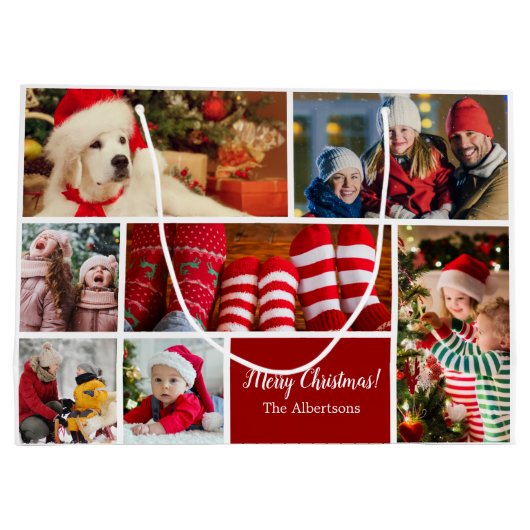 Kerstmis 7 Foto collage met familienaam, rood Groot Cadeauzakje (Achterkant)