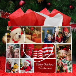 Kerstmis 7 Foto collage met familienaam, rood Groot Cadeauzakje