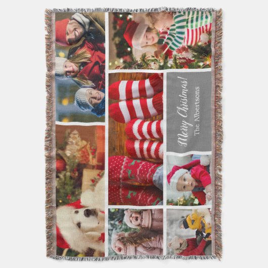 Kerstmis 7 Foto collage met familienaam, zilver Deken (Voorkant Verticaal)