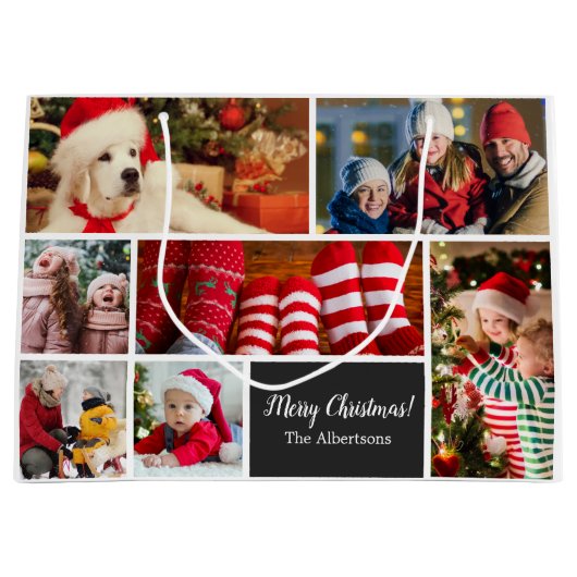 Kerstmis 7 Fotocollage met familienaam, zwart Groot Cadeauzakje (Voorkant)