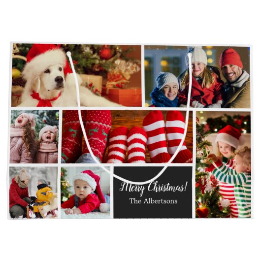Kerstmis 7 Fotocollage met familienaam, zwart Groot Cadeauzakje (Achterkant)