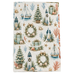 Kerstmis aan de kust Waterverf Vuurtoren & Zeilboo Medium Cadeauzakje