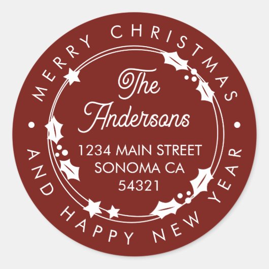Kerstmis Aangepast Script Adres Krans Rood Ronde Sticker (Voorkant)