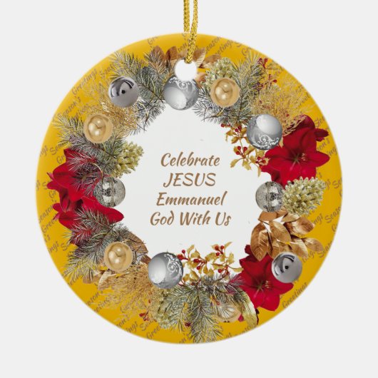 Kerstmis, aangepaste gele CELEBRATE JESUS Keramisch Ornament (Voorkant)
