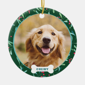 Kerstmis aangepaste huisdier foto bladeren bessen keramisch ornament