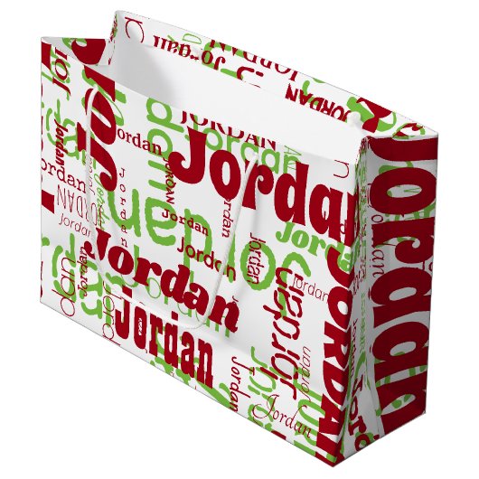 Kerstmis aangepaste naam patroon wit rood groen groot cadeauzakje (Voorkant Gekanteld)