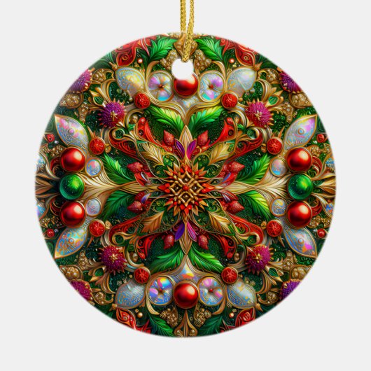 KERSTMIS Abalone Groen Rood Goud 3D Bladeren~ Keramisch Ornament (Voorkant)