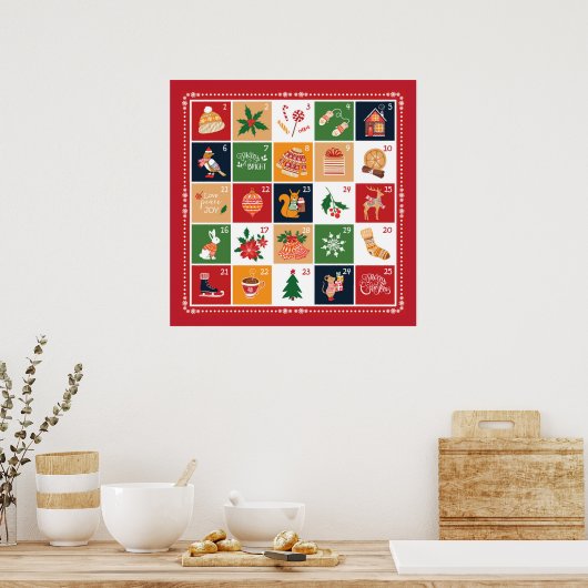 Kerstmis Adventkalender Poinsettia Rood Poster (Keuken)