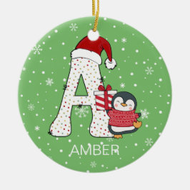 Kerstmis alfabet Een Santa Hoed Penguin Sneeuwvlok Keramisch Ornament