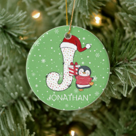 Kerstmis alfabet J Santa Hat Penguin Sneeuwvlok Keramisch Ornament