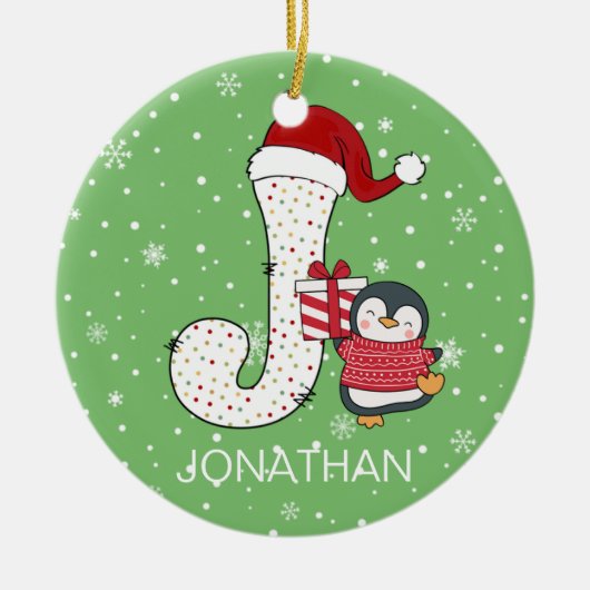 Kerstmis alfabet J Santa Hat Penguin Sneeuwvlok Keramisch Ornament (Voorkant)