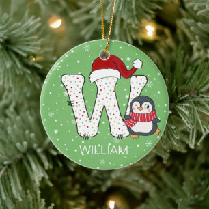 Kerstmis alfabet W Santa Hat Penguin Sneeuwvlok Keramisch Ornament