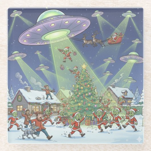 Kerstmis Alien Invasie, Glas Onderzetter (Voorkant)