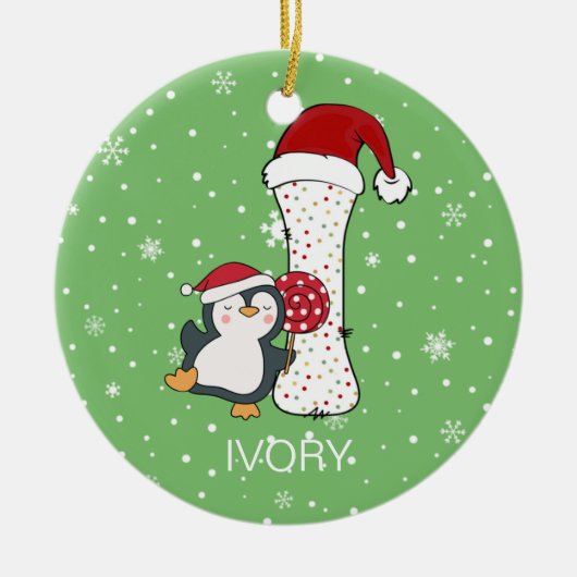 Kerstmis Alphabet I Santa Hat Penguin Sneeuwvlok Keramisch Ornament (Voorkant)