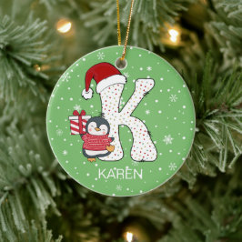 Kerstmis Alphabet K Santa Hat Penguin Sneeuwvlok Keramisch Ornament