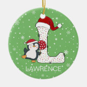 Kerstmis Alphabet L Santa Hat Penguin Sneeuwvlok Keramisch Ornament (Voorkant)