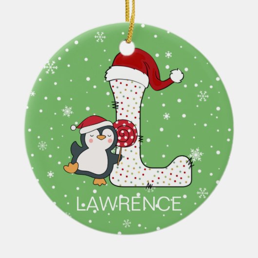 Kerstmis Alphabet L Santa Hat Penguin Sneeuwvlok Keramisch Ornament (Voorkant)